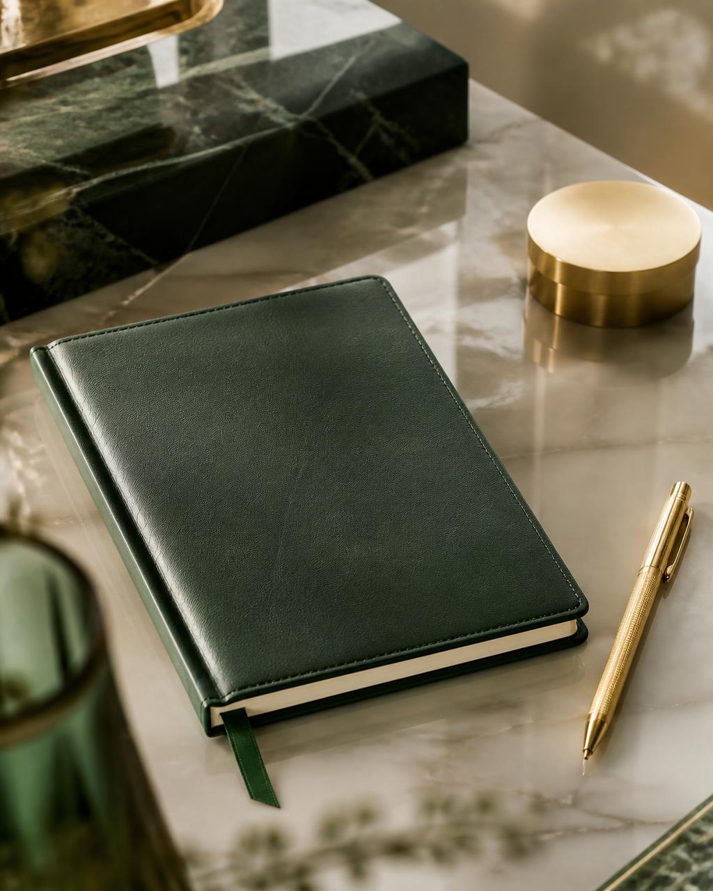 Executive workspace still life with emerald notebook, gold pen, and marble surface